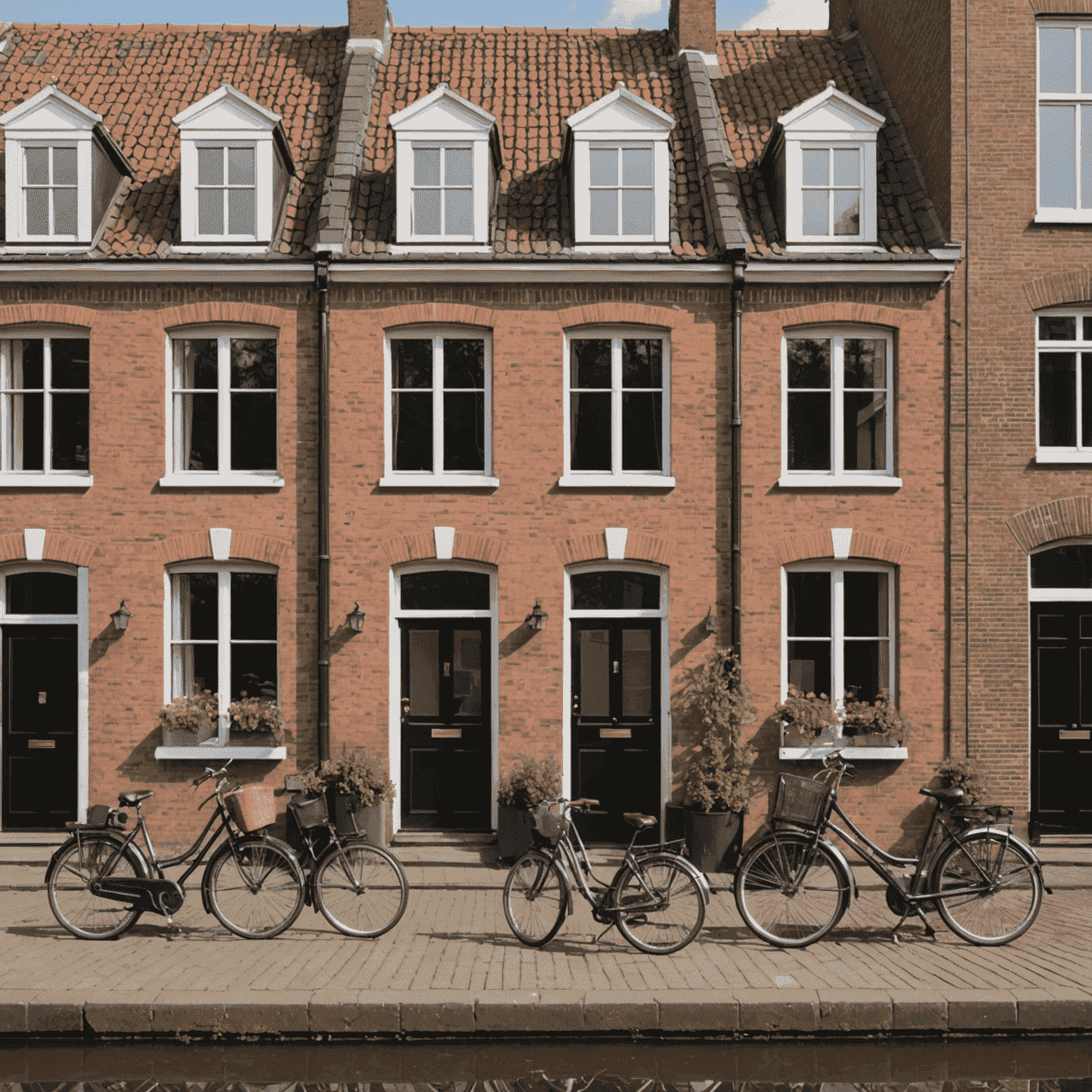 Een typisch Nederlands rijtjeshuis met rode bakstenen en een puntdak, omringd door een gracht en fietsen geparkeerd voor de deur