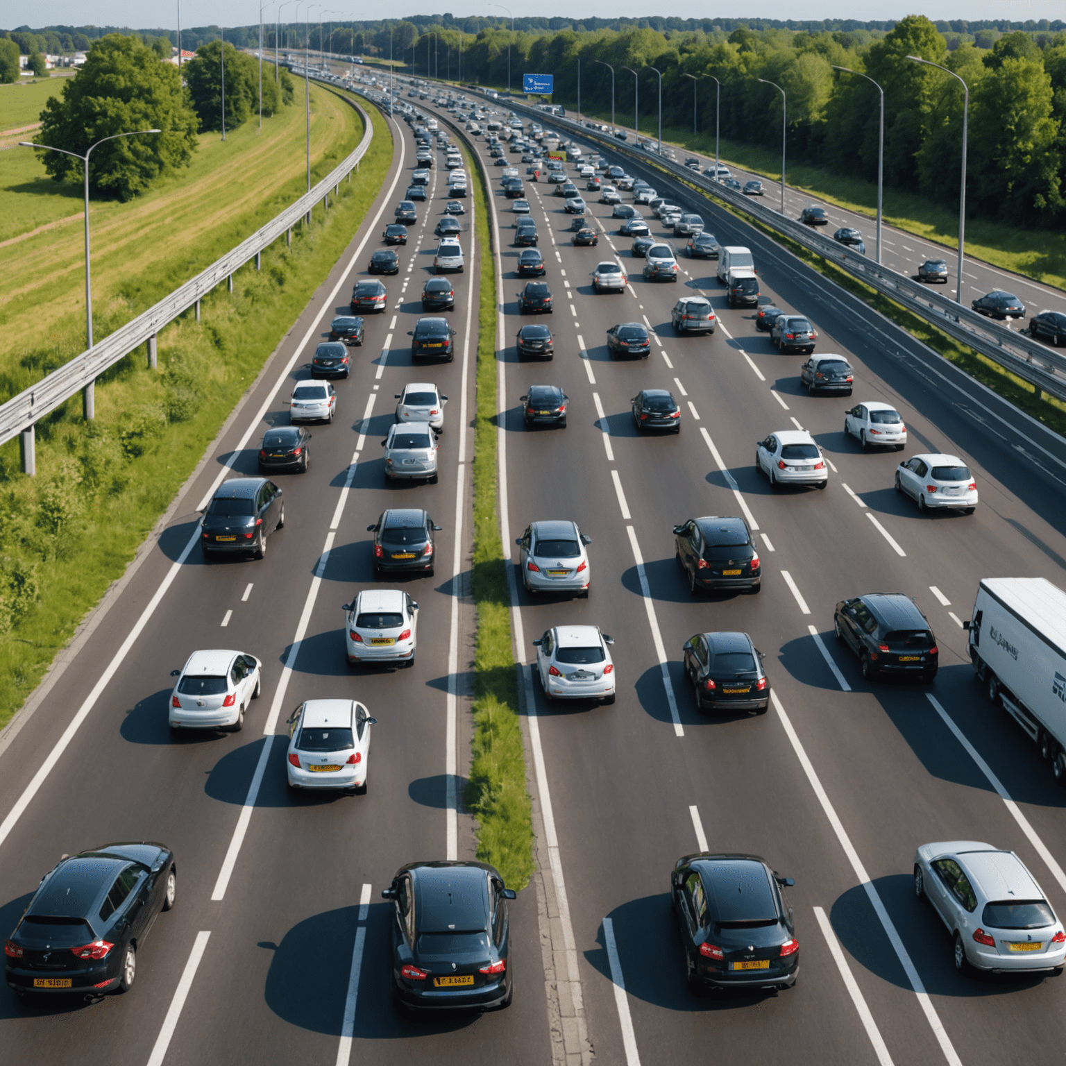 Een Nederlandse snelweg met auto's en verkeersborden, illustratief voor autoverzekeringen en verkeersregels