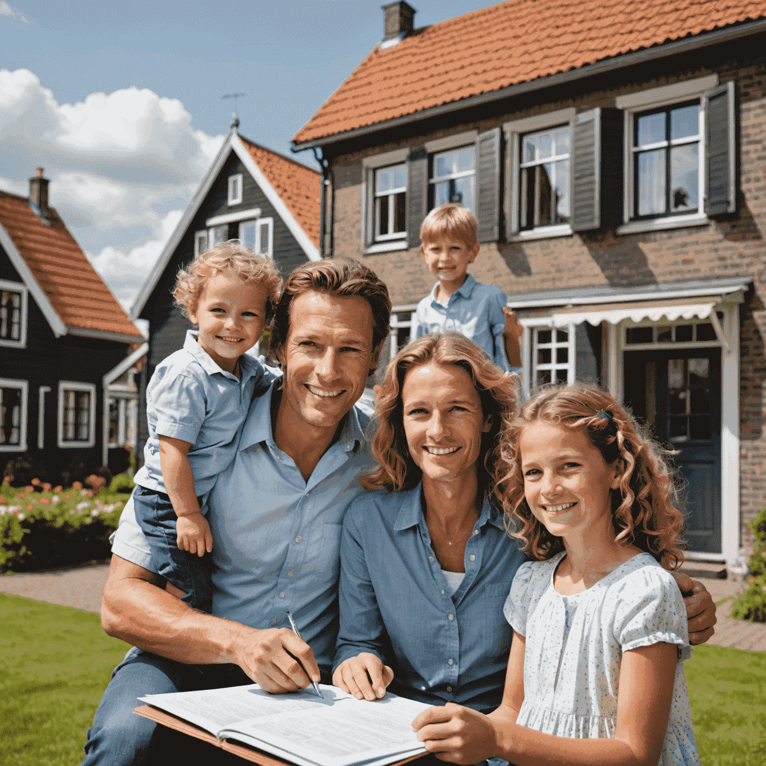 Een afbeelding van een Nederlandse familie die tevreden kijkt terwijl ze verzekeringspolissen bekijken, met op de achtergrond een typisch Nederlands huis