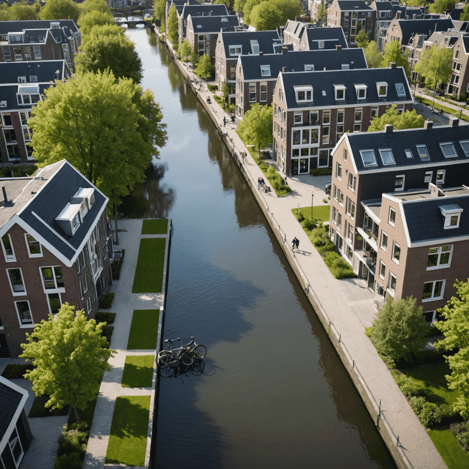 Een overzicht van een Nederlandse woonwijk met een mix van moderne appartementen en traditionele huizen, doorsneden door fietspaden en kleine kanalen