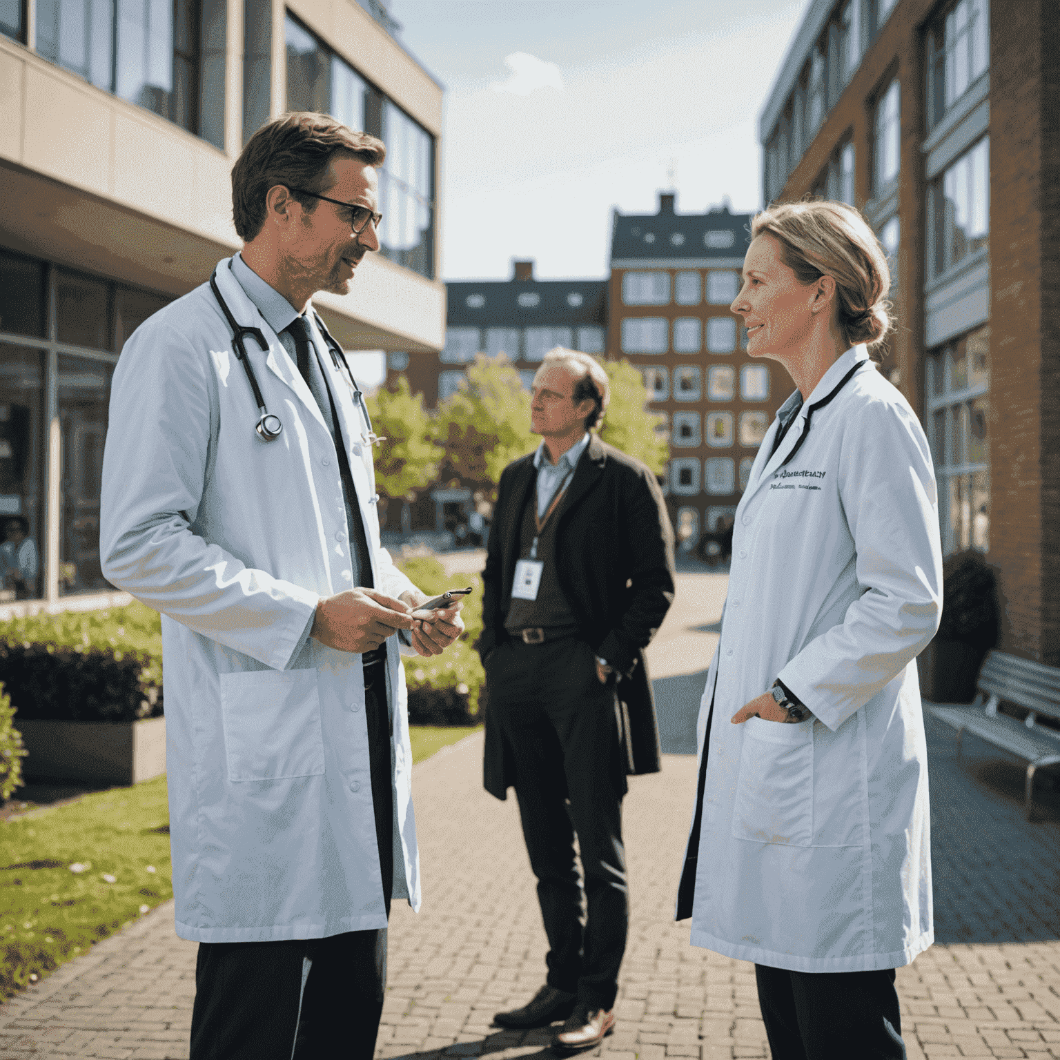 Een afbeelding van een arts in gesprek met een patiënt, met op de achtergrond een Nederlands ziekenhuis, wat de toegankelijkheid van het zorgstelsel symboliseert